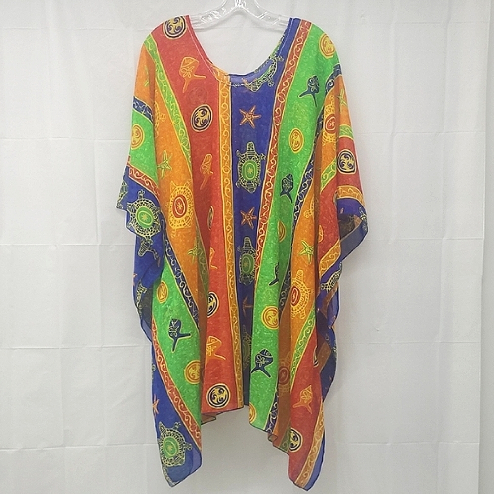 Poncho Colorful Tropical Theme Print Rainbow Sea Turtle Ying Yang Swimwear Cover